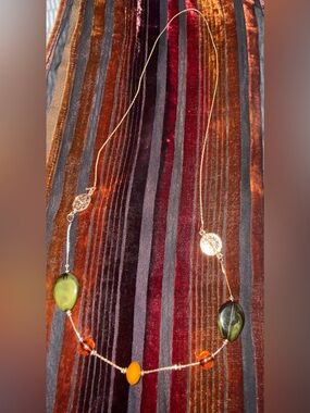 Gold-Tone Long Necklace with Olive Green Beads